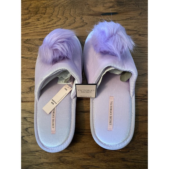 Victoria Secret Purple Slippers Fluffy Pom Pom Faux Fur Slip On VS Size Medium - Picture 3 of 4